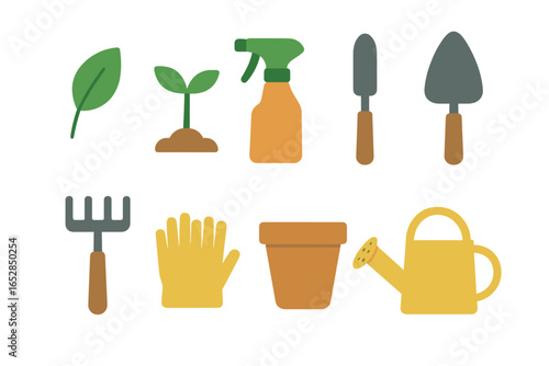 Stylized gardening tools and plants, including a watering can, gloves, trowels, rake, spray bottle, and seedling, presented with a glowing effect against a dark background, perfect for horticultural