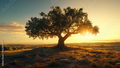 Beautiful Sunset Illuminating An Ancient Cork Oak Tree In The Region Of Alentejo, Portugal, Europe, With Striking Visual Impact.