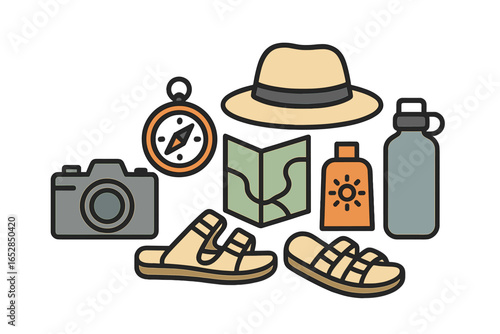 A curated selection of travel necessities, featuring a camera, compass, map, sun hat, sandals, sunscreen, and water bottle, all rendered in a clean flat design with delicate shadows to add a sense of