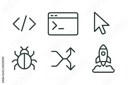 Collection of modern line art icons representing programming, debugging, user interface, and startup concepts on a yellow background, symbolizing digital technology and innovation.