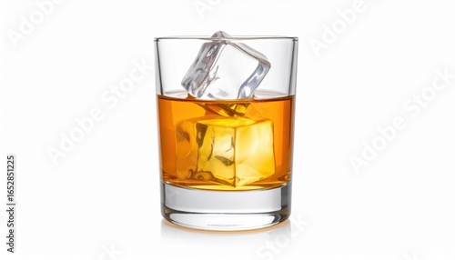 Elegant Glass of Whiskey on Rocks with Ice Cubes Highlighting Rich Amber Color and Smooth Texture