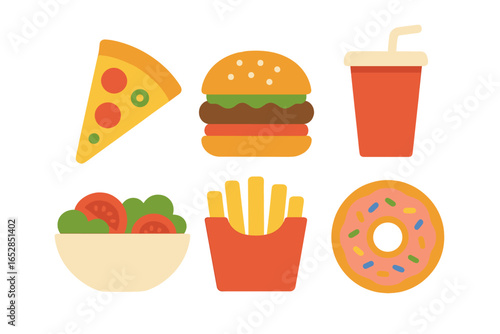 Vibrant grid of glowing fast food icons: pizza, burger, drink, fries, salad, donut. Eye-catching food art on a dark, softly lit backdrop, creating a visually appealing and appetizing presentation.