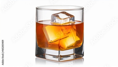 Elegant Glass of Whiskey with Ice Cubes Capturing Warm Amber Hues in a Cozy and Inviting Atmosphere