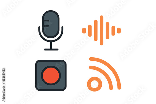 Four distinct icons for podcasting and broadcasting: microphone, record button, sound wave, and Wi-Fi signal, presented in a modern flat design on a vibrant gradient background, symbolizing audio, me