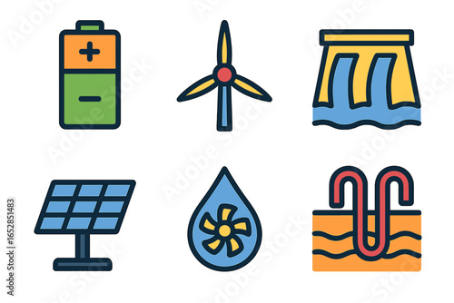 Diverse Renewable Energy Icons: Wind Turbine, Solar Panel, Battery, Hydroelectric Dam, Geothermal, and Water Turbine for Green Power Generation & Sustainable Resources in Modern Flat Design Style