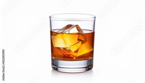 Elegant Glass of Whiskey with Ice Cubes Reflecting Soft Light Creating a Rich and Inviting Atmosphere