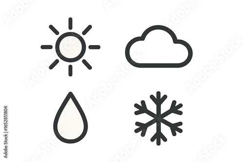 Diverse weather icons showcasing sunshine, clouds, water drops, and snowflakes against a vibrant gradient backdrop, representing various atmospheric conditions and climate variations for modern appli