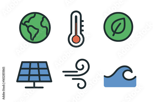 Comprehensive set of eco-friendly icons covering renewable energy sources and critical environmental concepts. Featuring stylized graphics of our planet, indicators of climate change, lush foliage, s