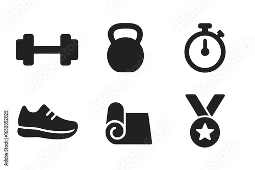 A curated collection of essential fitness and sports equipment presented as simple, flat icons against a dark backdrop. This set includes key items like a dumbbell, kettlebell, stopwatch, running sho