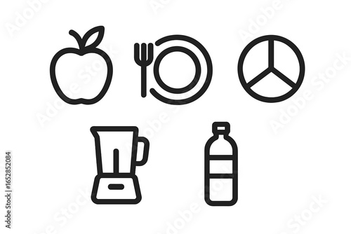Diverse conceptual icons celebrating a healthy lifestyle: features an apple, plate with fork, peace symbol, blender, and water bottle, all embodying wellness and proper nutrition for a balanced life.