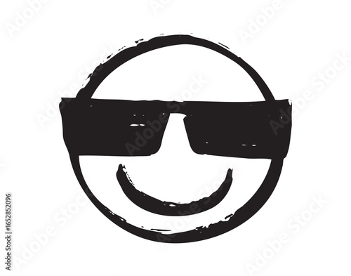 smiling face and sunglasses. grunge happy cool peaceful emoji with glasses. hand drawn textured brush, sketch black rustic drawing