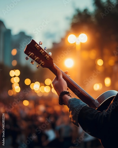 Close-up of musician playing guitar at outdoor concert with blurred audience and city lights.
