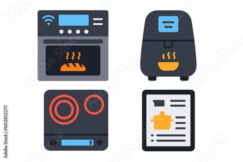 Modern kitchen appliances featured in a flat design: a WiFi oven with bread, air fryer, stovetop, and tablet showing a food recipe, perfect for showcasing contemporary culinary tools and home cooking