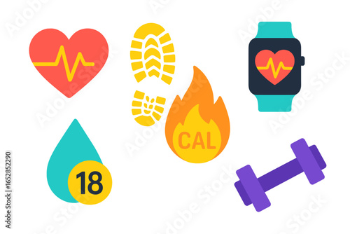 Health and Fitness Tracking Icons: Heartbeat, Footprint, Calorie Burn, Dumbbell, and Smartwatch Symbols for a Healthy Lifestyle and Activity Monitoring on a Dark Gradient Background