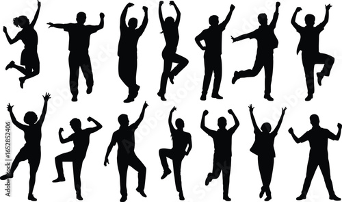Silhouettes of joyful people jumping, celebrating, expressing happiness, freedom, energy, motion, movement, fun, excitement, fitness, diversity, active lifestyle, positive emotions