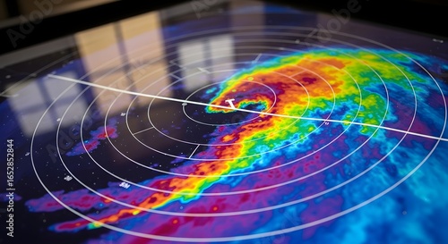 A colorful weather radar or heat map displayed on a screen with a radial grid overlay and a 