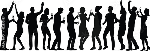 Silhouettes of people dancing, drinking, using smartphones, celebrating, party night scene, group gathering, nightlife fun, social interaction, elegant event.