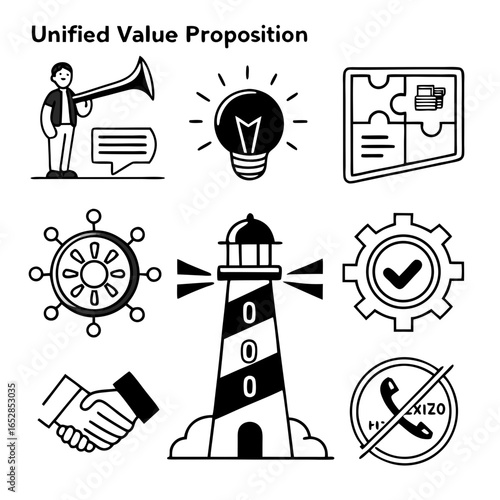 Illustration showcasing a unified value proposition with a lightbulb, puzzle, gear, handshake, phone, and lighthouse isolated on white background