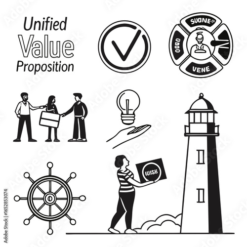 Unified value proposition icons a set of business concepts represented through simple graphics, isolated on white background