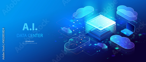 Cloud data transmission in isometric background. Network database secure technologies. Futuristic ai service center with computer laptop. Digital space. Data computing system. Vector.