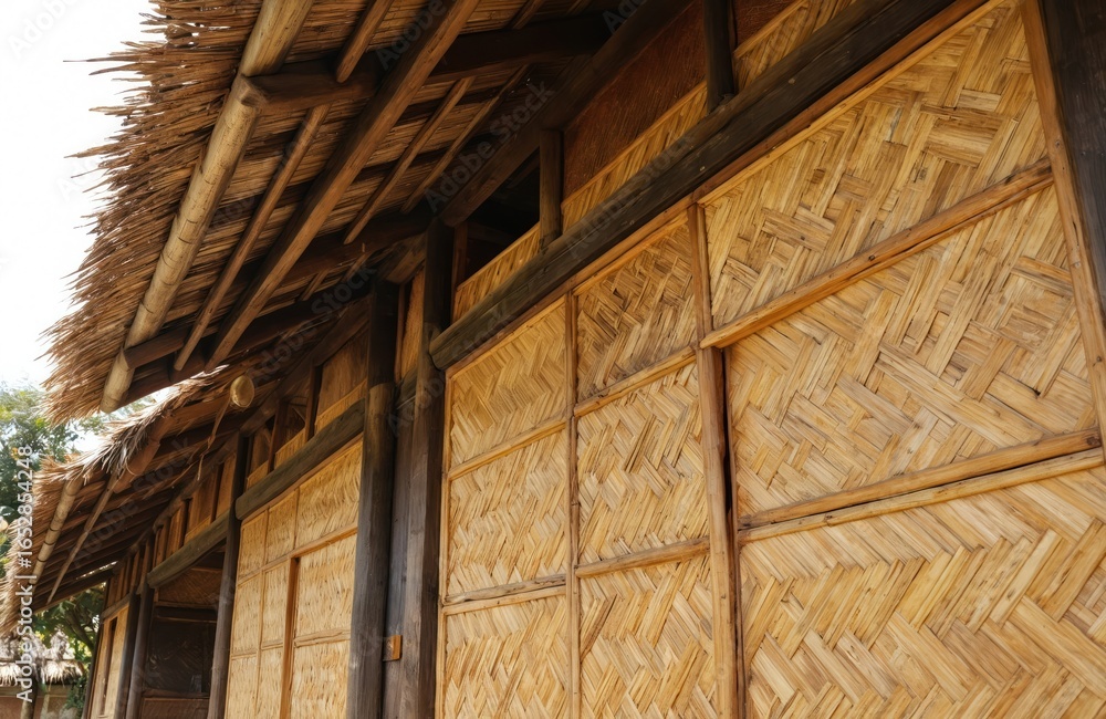 Naklejka premium Traditional Sasak houses in Sade Village, Lombok Indonesia showcase natural materials like wood, bamboo, coconut straw leaves. Unique woven bamboo walls display intricate craftsmanship, cultural