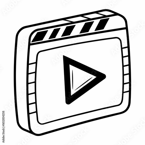 Illustration of a clapperboard with a play button, representing movie, film, and video production isolated on white background