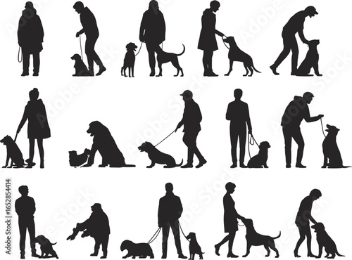 Silhouettes of people training, walking, bonding with dogs, pet care, obedience practice, outdoor activity, companionship, dog training, animal love, lifestyle.