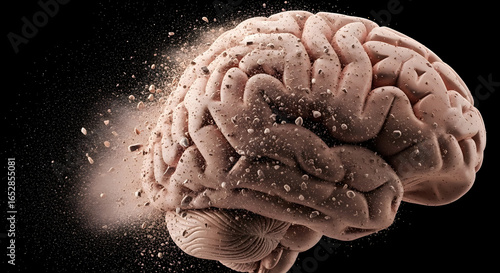 Conceptual Illustration of a Brain in Destruction, Representing Cognitive Fragmentation and the Disintegration of Thought Processes