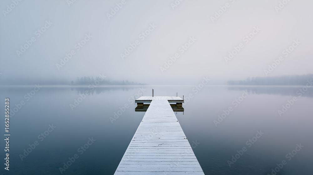 Obraz premium Wooden Dock on a Calm, Foggy Lake