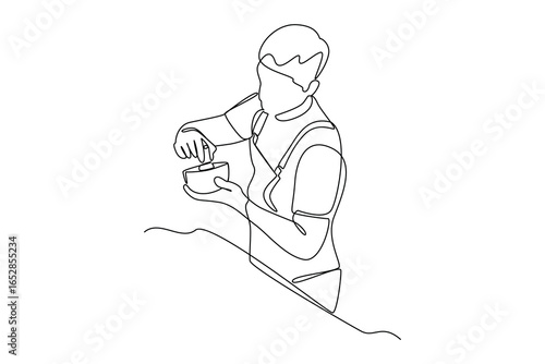 simple continuous line draw of male barista making coffee. Coffee shop minimalist concept. Barista activity.