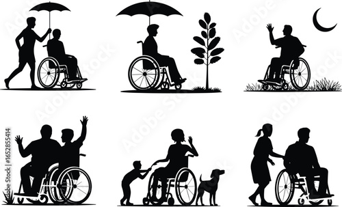 Silhouettes of people with disabilities, wheelchair users with caregivers, disabled person assistance, helping hand concept, disability support, wheelchair care, people with mobility challenges,