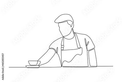 simple continuous line draw of barista serves the coffee. Coffee shop minimalist concept. Barista activity.