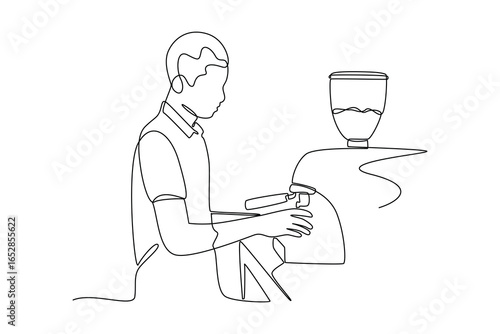 simple continuous line draw of coffee making process by barista. Coffee shop minimalist concept. Barista activity.