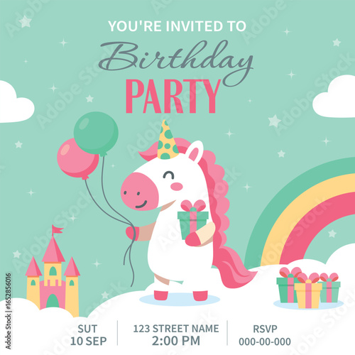 Unicorn Invitation. Cute vector birthday invitation with a unicorn on a cloud, balloons, rainbow and castle. Mint and hot pink shades will create a magical fairy tale atmosphere at a children's party