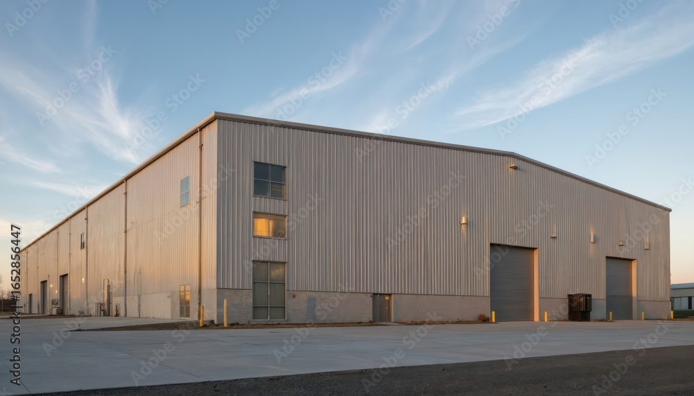 Fototapeta premium Expansive modern industrial warehouse building constructed from durable metal with clean exterior. Features large roll-up garage doors, bright sky backdrop. Spacious facility suits storage,