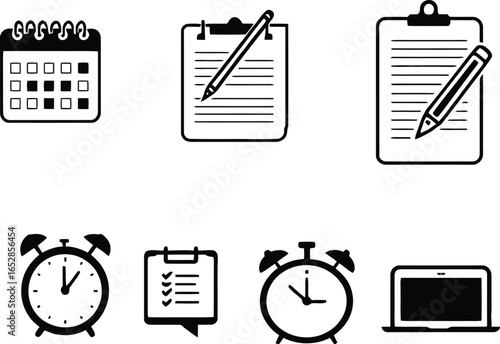 A collection of black and white icons depicting time management and planning elements on a white background