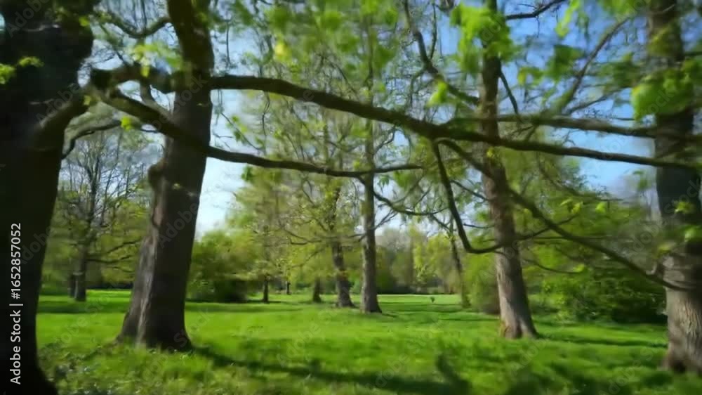 Lush green park scene with trees swaying gently in the breeze Lush green park scene with trees swaying gently in the breeze
