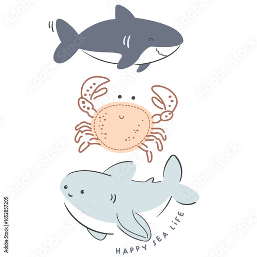 Cute Ocean animals with shark,crab and text lettering happy sea life in the ocian flat style, Hand drawn vector illustrations cute graphic for t-shirts baby boys, sticker,gift card etc
