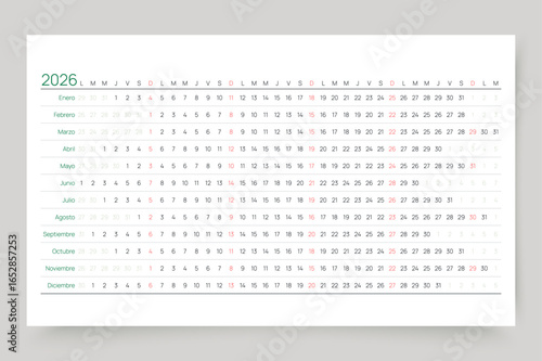 2026 Spanish calendar. Linear planner for year. Yearly horizontal calender template. Schedule table with 12 months. Desk timetable grid. Week starts Monday. Landscape orientation. Vector illustration.