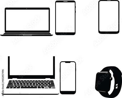 A collection of electronic devices including laptops tablets smartphones and a smartwatch in black and white
