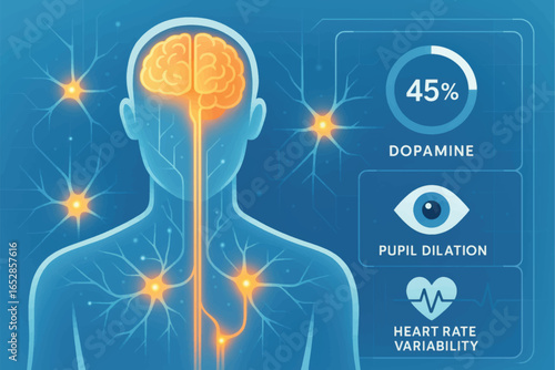 Vector infographic of dopamine levels, pupil dilation and heart rate variability, showing neurological and emotional responses.
