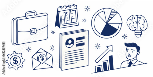 Collection of business and finance icons including a briefcase calendar pie chart brain lightbulb resume money envelope gear and a successful businessman with a growth chart
