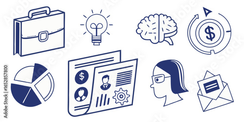 Collection of business and finance related icons including a briefcase lightbulb brain money cycle pie chart report person profile and envelope