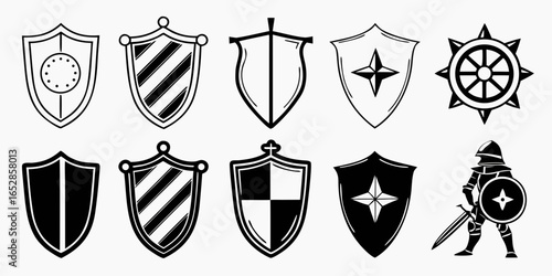 Collection of diverse medieval shields and a knight in armor with sword and shield black and white vector icons