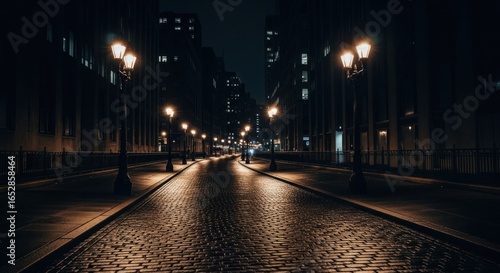 Dim city street at night with illuminated lamps and dark buildings