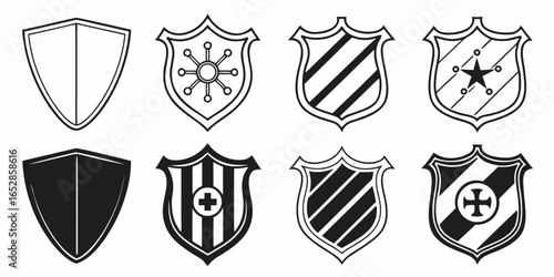 Collection of eight stylized shield emblems with various designs including simple outlines stripes a star a cross and geometric patterns
