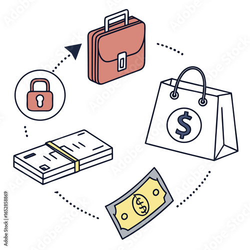 Conceptual illustration of a financial transaction cycle involving a briefcase shopping bag money and a lock symbolizing security and investment