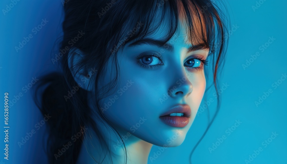 Naklejka premium Stunning Vertical Portrait Of A Beautiful Young Woman With Bright Blue Lighting Creating A Striking And Captivating Image.