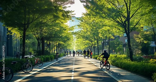 Urban bike path lined with trees and modern buildings