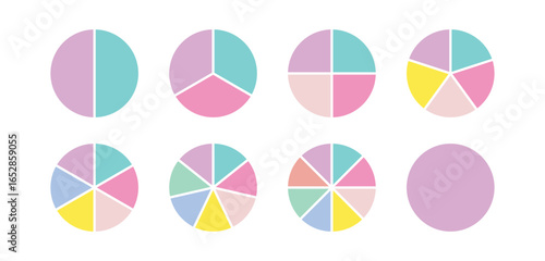 Circle division infographic colorful icon set. Infographic wheel segment and fraction. Pie chart divided equal parts. Color round diagram.